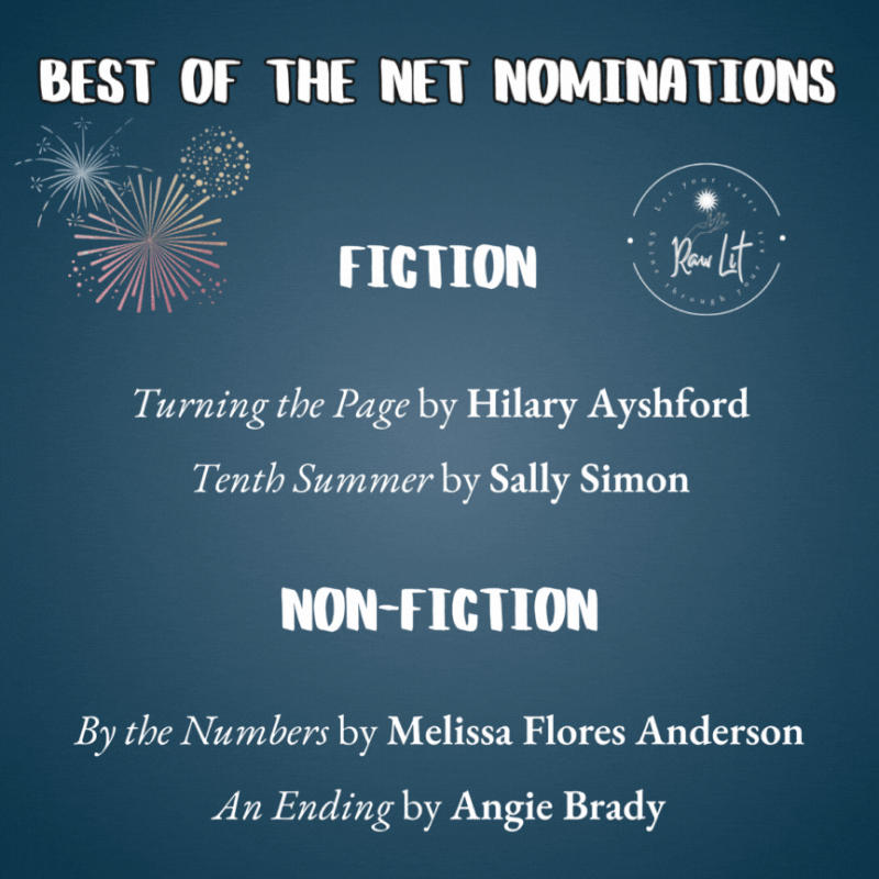 Best of the Net Nominations. Fiction: Turning the Page by Hilary Ayshford
Tenth Summer by Sally Simon.
Non-fiction: By the Numbers by Melissa Flores Anderson
An Ending by Angie Brady