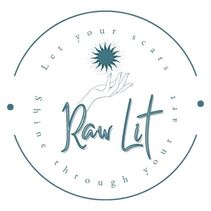 Raw Lit Logo. A hand holding the rising sun. The words 