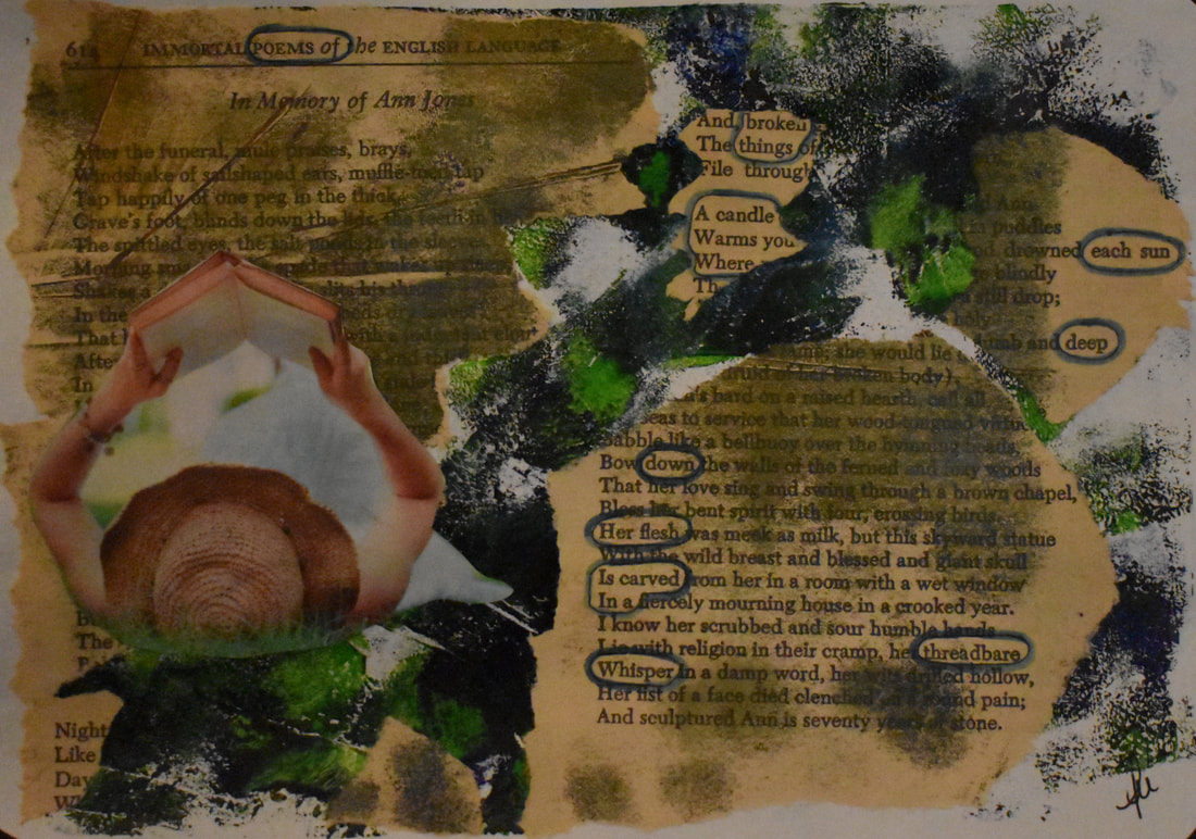 Hybrid form collage using yellowed ripped pages rose and petals. Some words are circled. Title: Untitled by Amy Marques