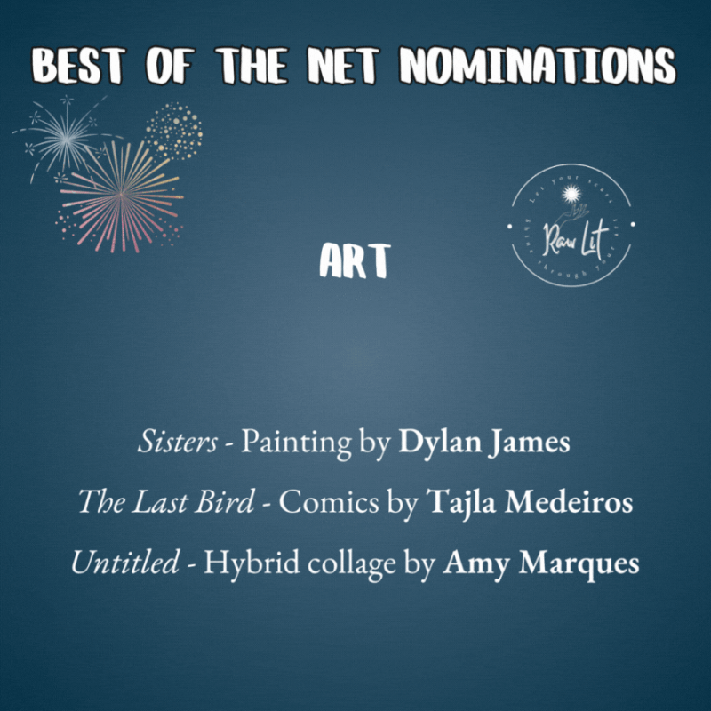 Best of the Net Nominations for Art.
Sisters - Painting by Dylan James
The Last Bird - Comics by Tajla Medeiros
Untitled - Hybrid collage by Amy Marques