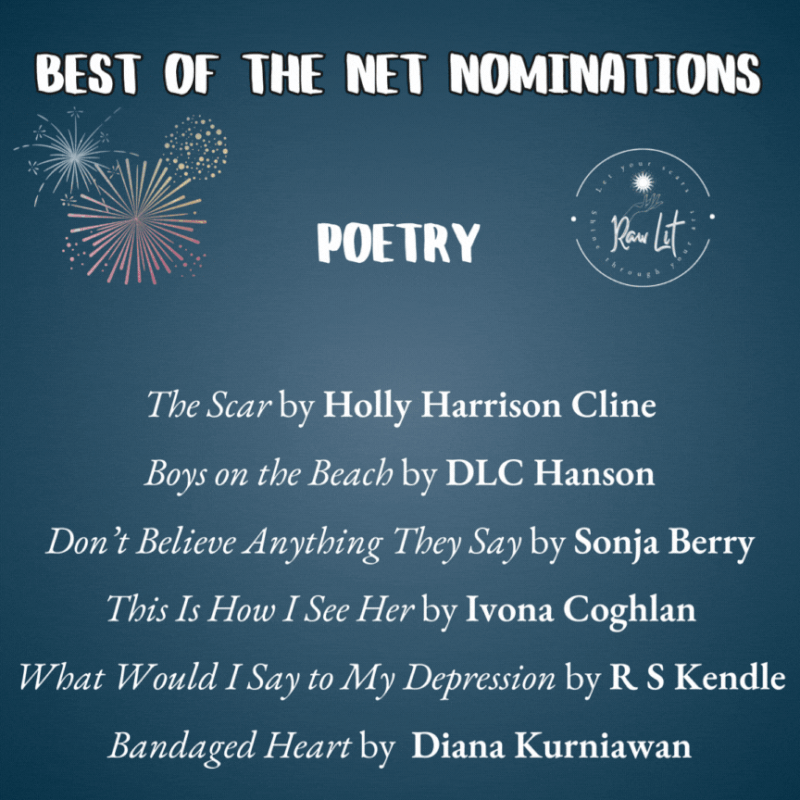 Best of the Net Nominations for Poetry.
The Scar by Holly Harrison Cline
Boys on the Beach by DLC Hanson
Don’t Believe Anything They Say by Sonja Berry
This Is How I See Her by Ivona Coghlan
What Would I Say to My Depression by R S Kendle
Bandaged Heart by  Diana Kurniawan