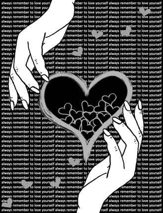 Black and white artwork representing two hands holding hearts. Title: Self-love by S. Kavi