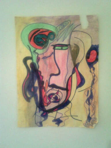 Colourful surrealistic drawing of a face. Title: Daemon Running ​by Mimi Bordeaux