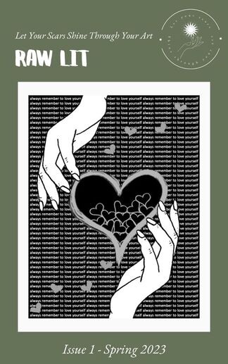 Cover of the 1st issue. Green background. Black and white artwork representing two hands holding hearts. Title: Self-love by S. Kavi
