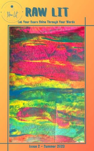 Issue 2 cover. Gradient orange background. Abstract painting with vivid colours. Title: Abstraction by Cyrus Carlson