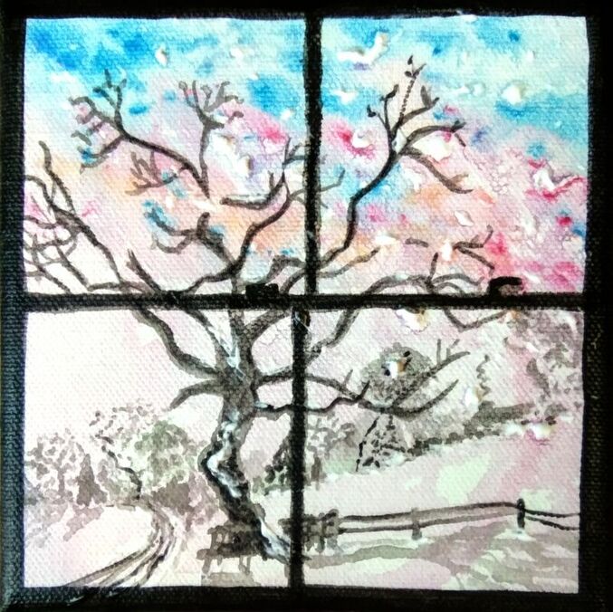  5x5 inch acrylic on block canvas representing a view through a window of the sun rising over a garden covered in snow.