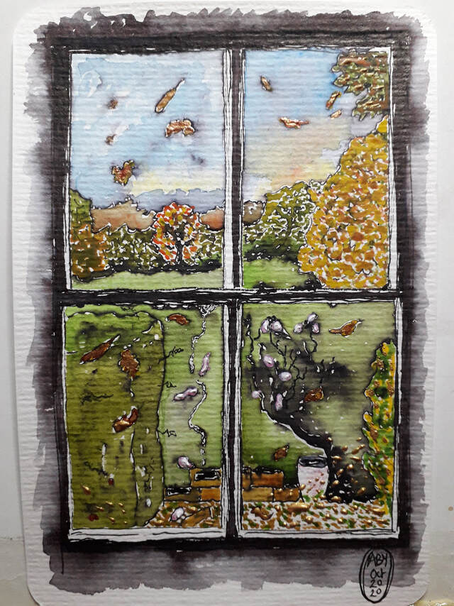 Painting of wind blowing dead leaves alive. View through a window.