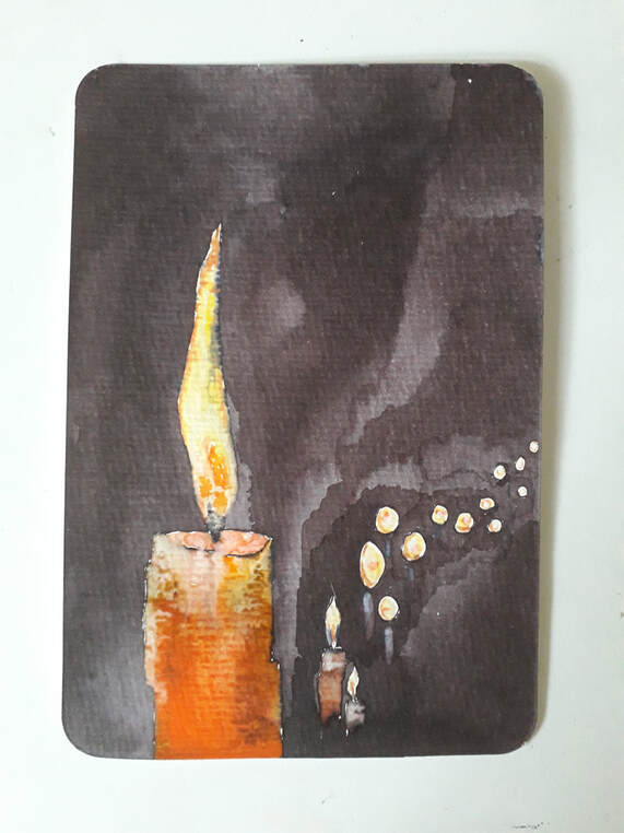 Painting of candles in the darkness. 