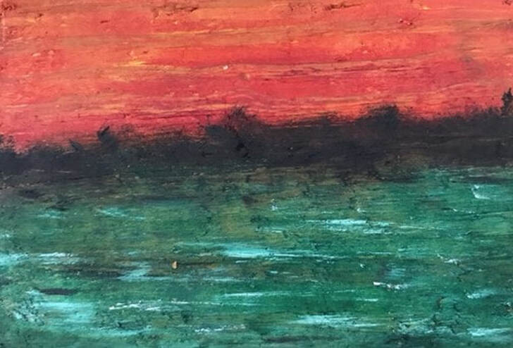 Oil painting of sunrise on reclaimed wood.