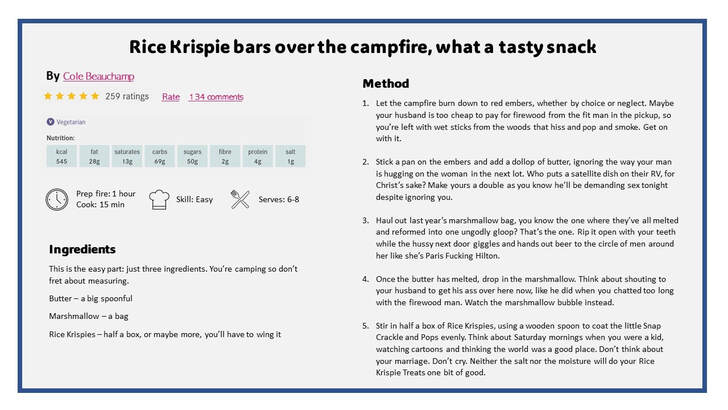 A recipe for Rice Krispies bars that tells the story of a campfire accident (or was it?)