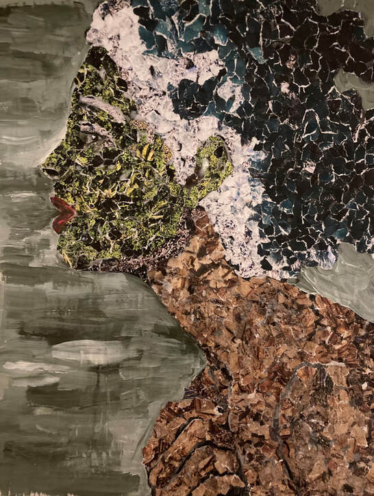 Paper mosaic portrait of a woman’s profile where body and neck used images of earth and minerals, the jaw line is sand, the face a forest, and the hair waves crashing so there’s whitening of the ocean hair.