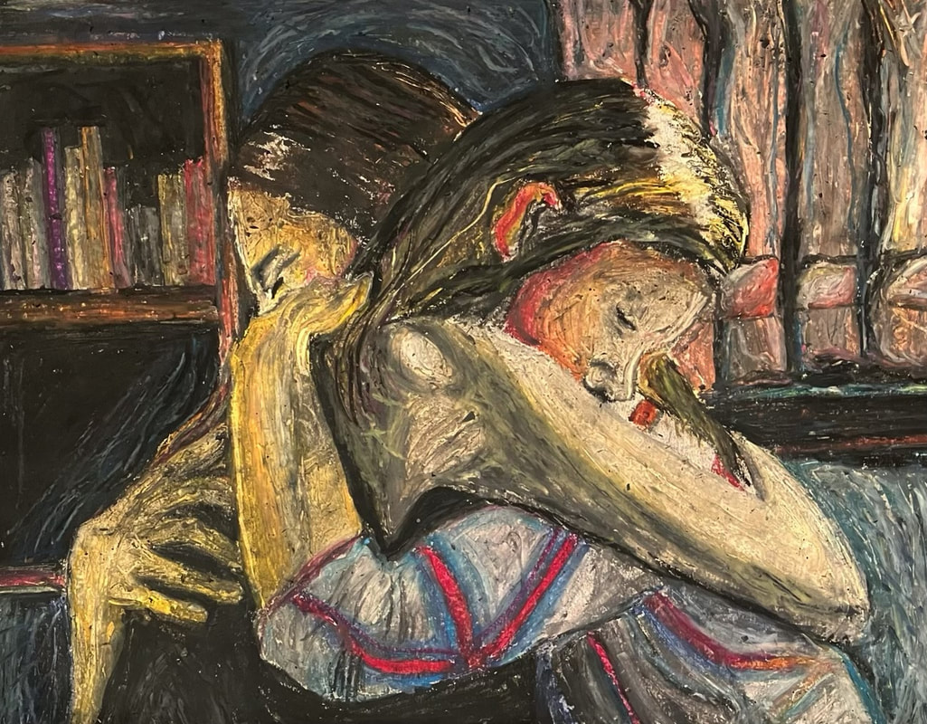 Painting of two women hugging tightly. Title: Sisters by Dylan James 