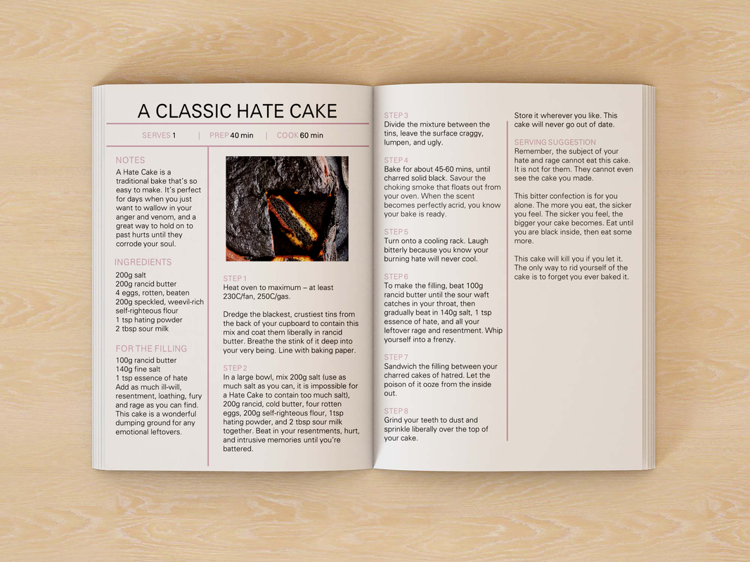 Open recipe book set on a table. Recipe title:  A Classic Hate Cake